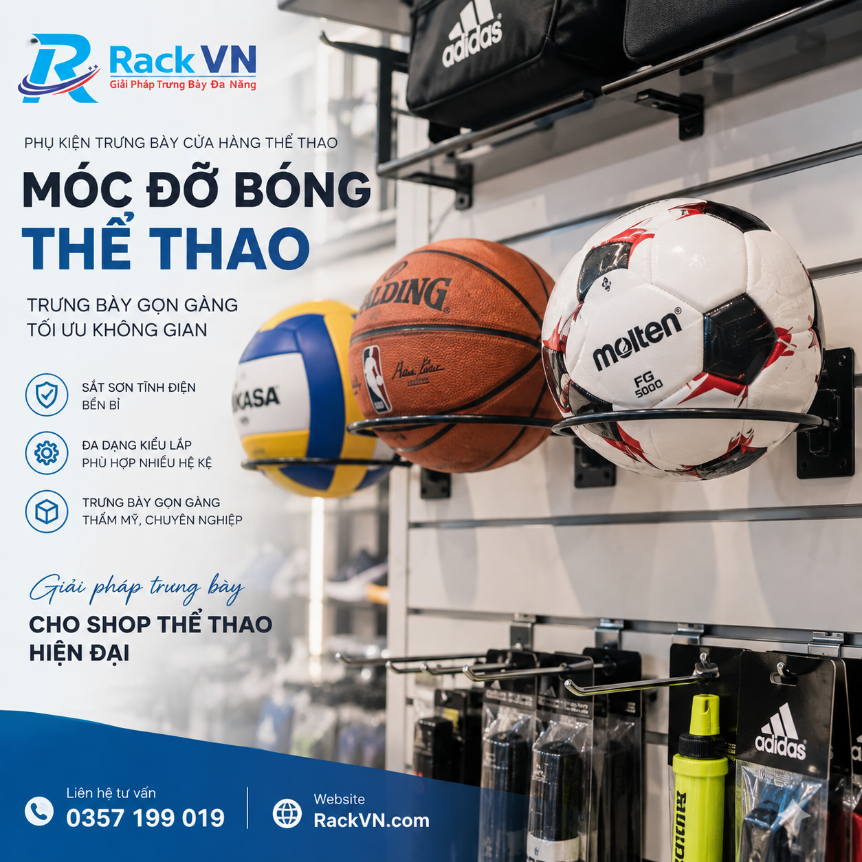 Móc đỡ bóng thể thao: Cách trưng bày bóng đá, bóng rổ, bóng chuyền gọn và đẹp