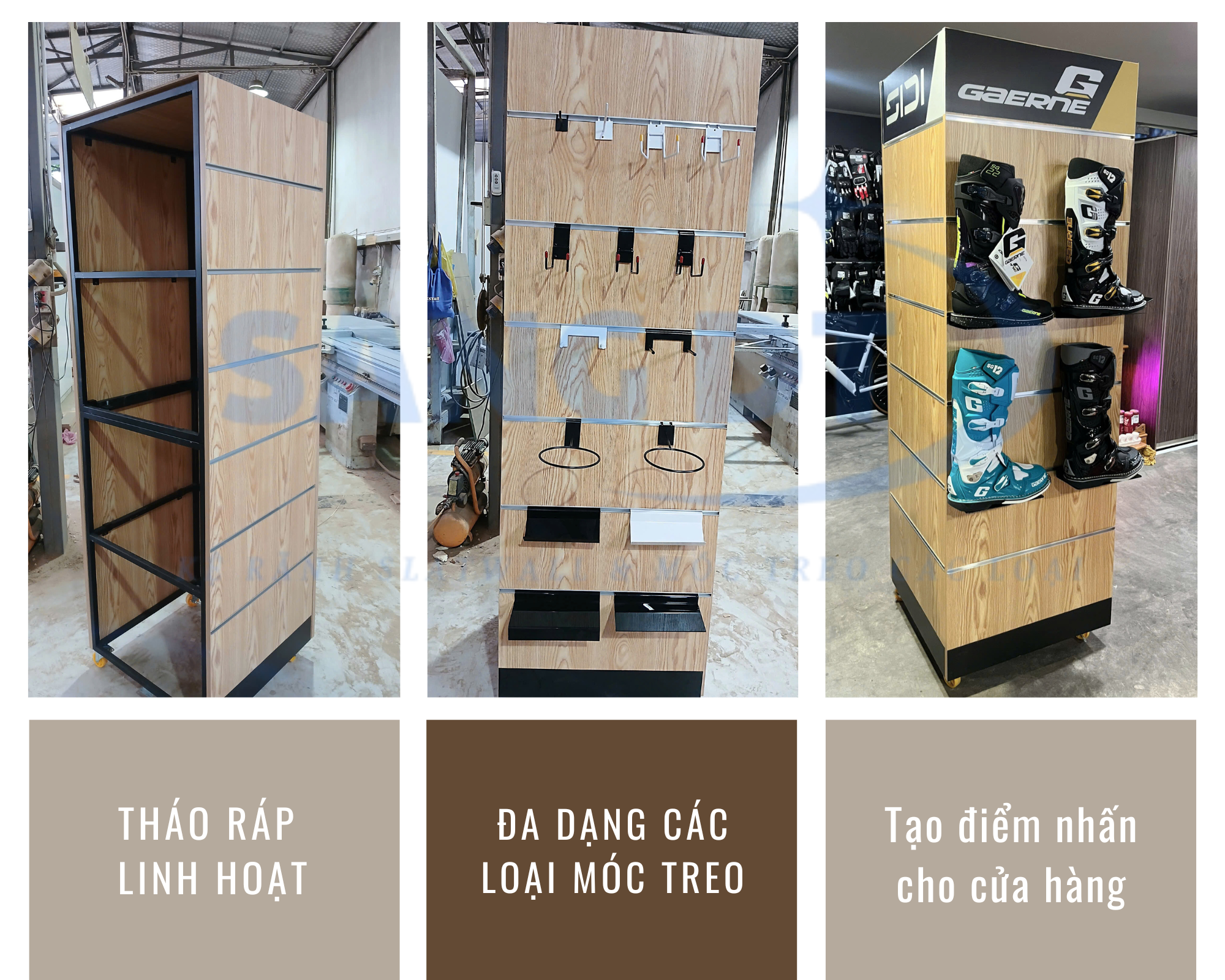 Tủ Rãnh Âm Slatwall Đa Năng | Tủ Trưng Bày Nhiều Mặt, Di Động, Tháo Ráp Linh Hoạt