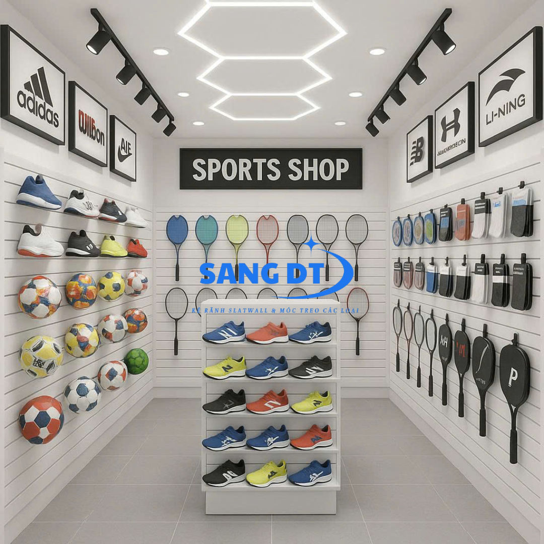 Cách bố trí ánh sáng, tủ kệ và không gian khi thi công shop thể thao 20m2 - Tối ưu với tấm rãnh Slatwall gỗ từ Rackvn