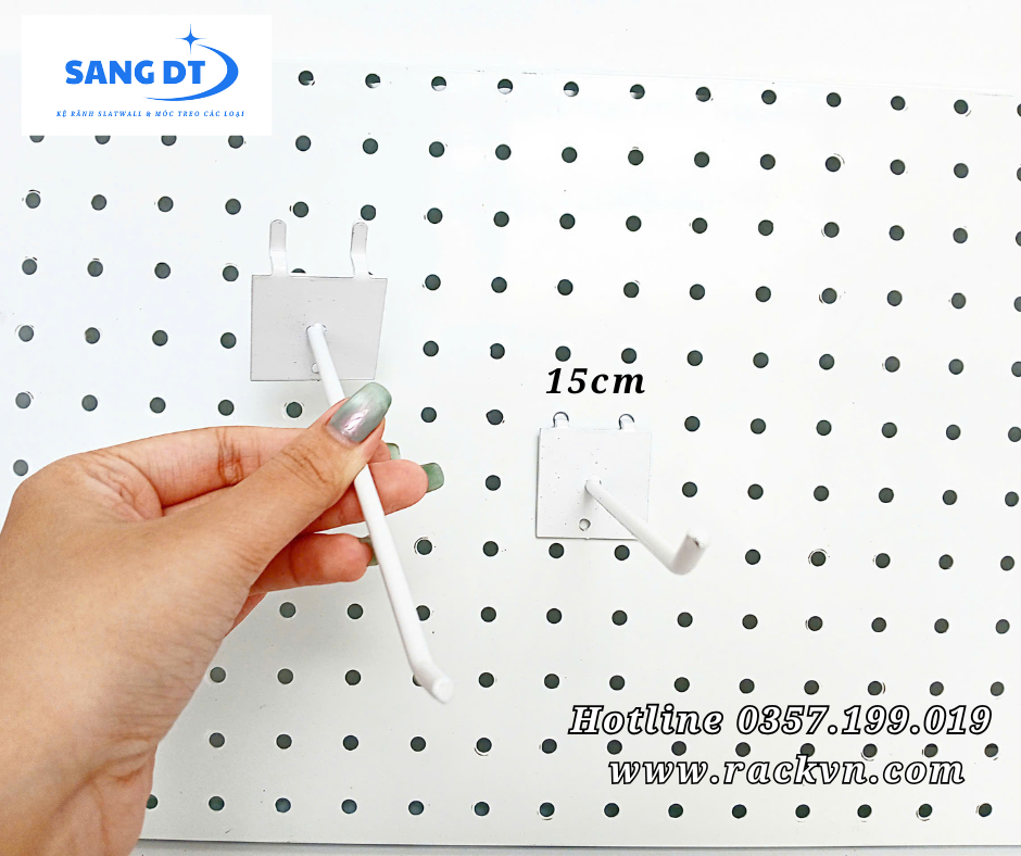 Móc đơn treo phụ kiện màu trắng cài kệ tôn lỗ 15cm