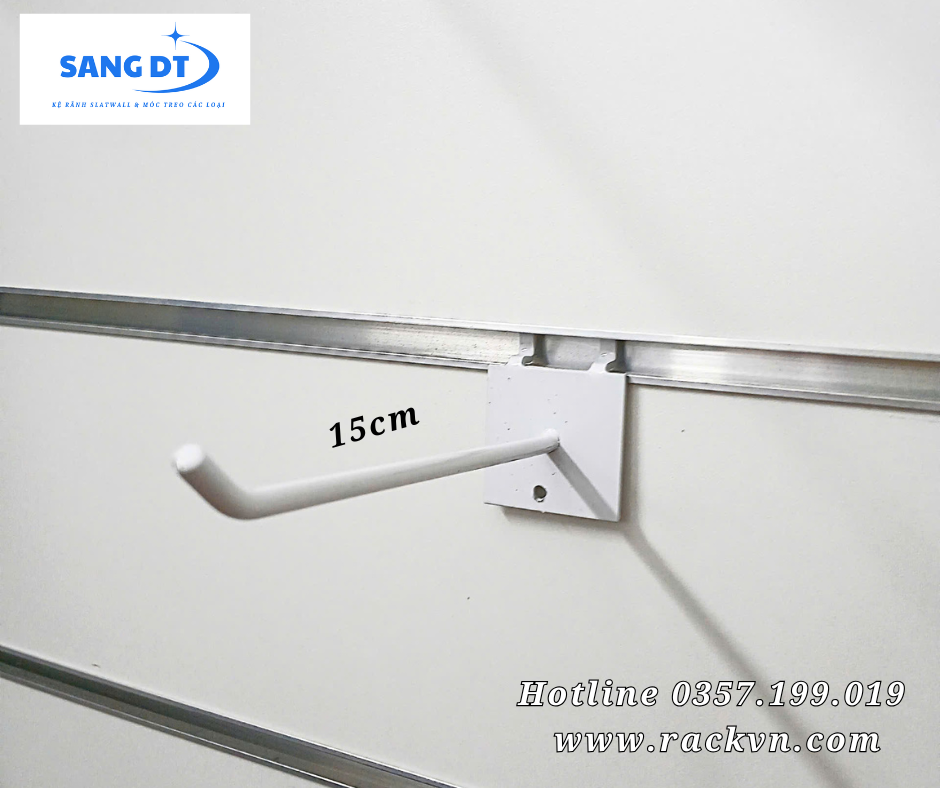 Móc đơn treo phụ kiện màu trắng cài kệ rãnh/kệ tôn lỗ dài 15cm