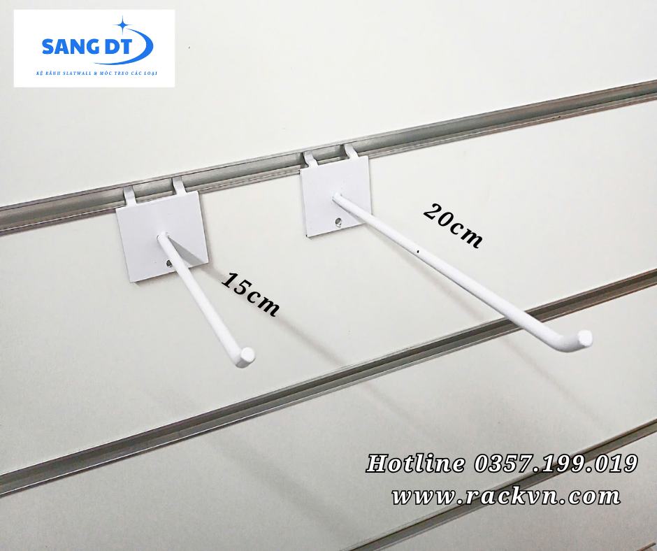 Móc đơn treo phụ kiện màu trắng cài kệ rãnh/kệ tôn lỗ dài 20cm