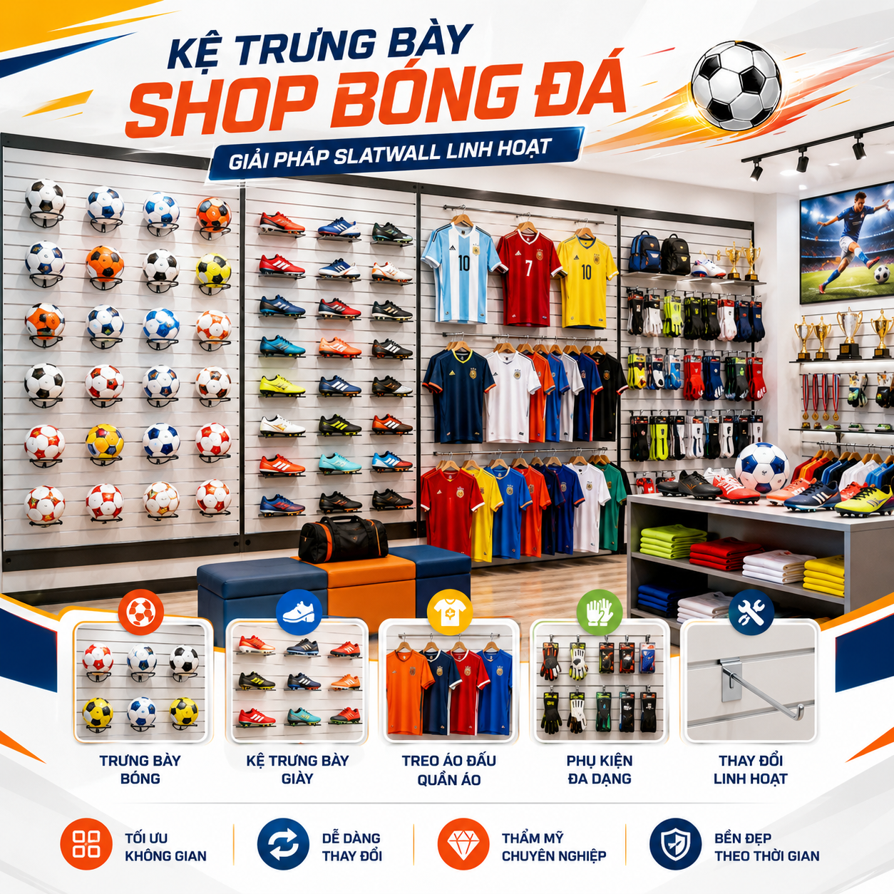 Kệ trưng bày shop bóng đá cần đáp ứng những gì?