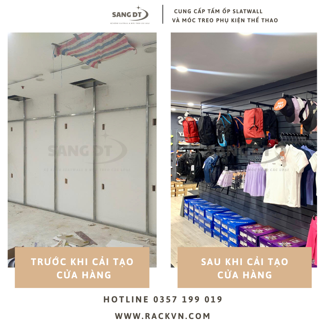 Cách cải tạo cửa hàng thể thao cũ bằng hệ thống kệ rãnh Slatwall hiện đại