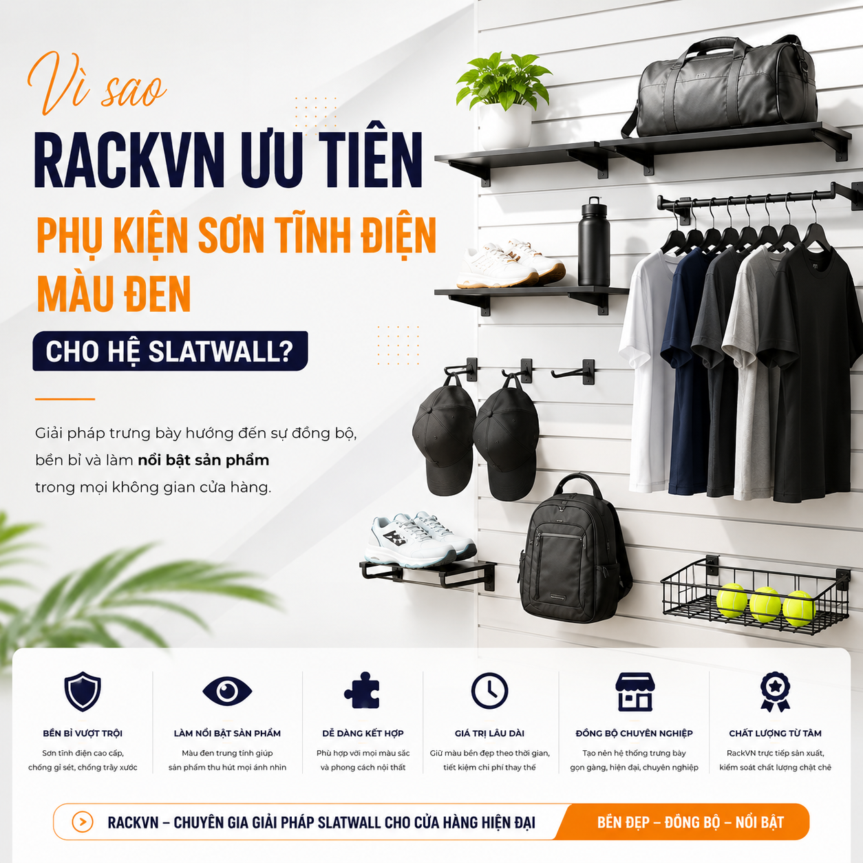 Vì Sao RackVN Ưu Tiên Phụ Kiện Sơn Tĩnh Điện Màu Đen Cho Hệ Slatwall?