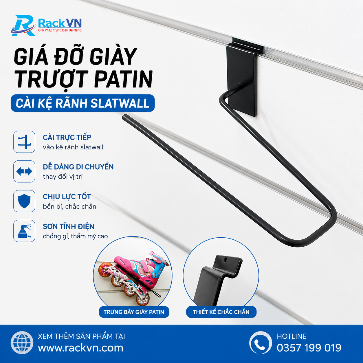 Giá đỡ giày patin cài kệ rãnh Slatwall – Giải pháp trưng bày giày trượt patin cho cửa hàng
