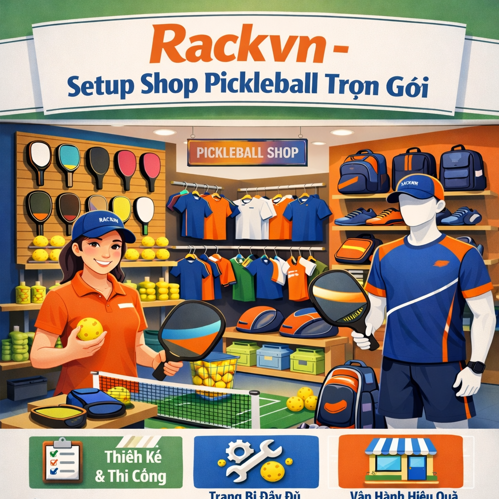 Setup Shop Pickleball Trọn Gói: Thi Công – Kệ Rãnh Slatwall – Móc Treo Vợt Chuyên Nghiệp Từ A–Z